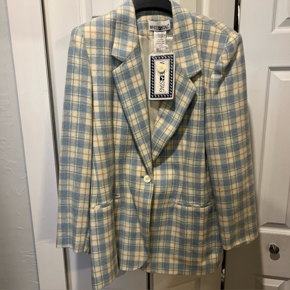 White Stag Cream & Light Blue Plaid Wool Blend Blazer Jacket